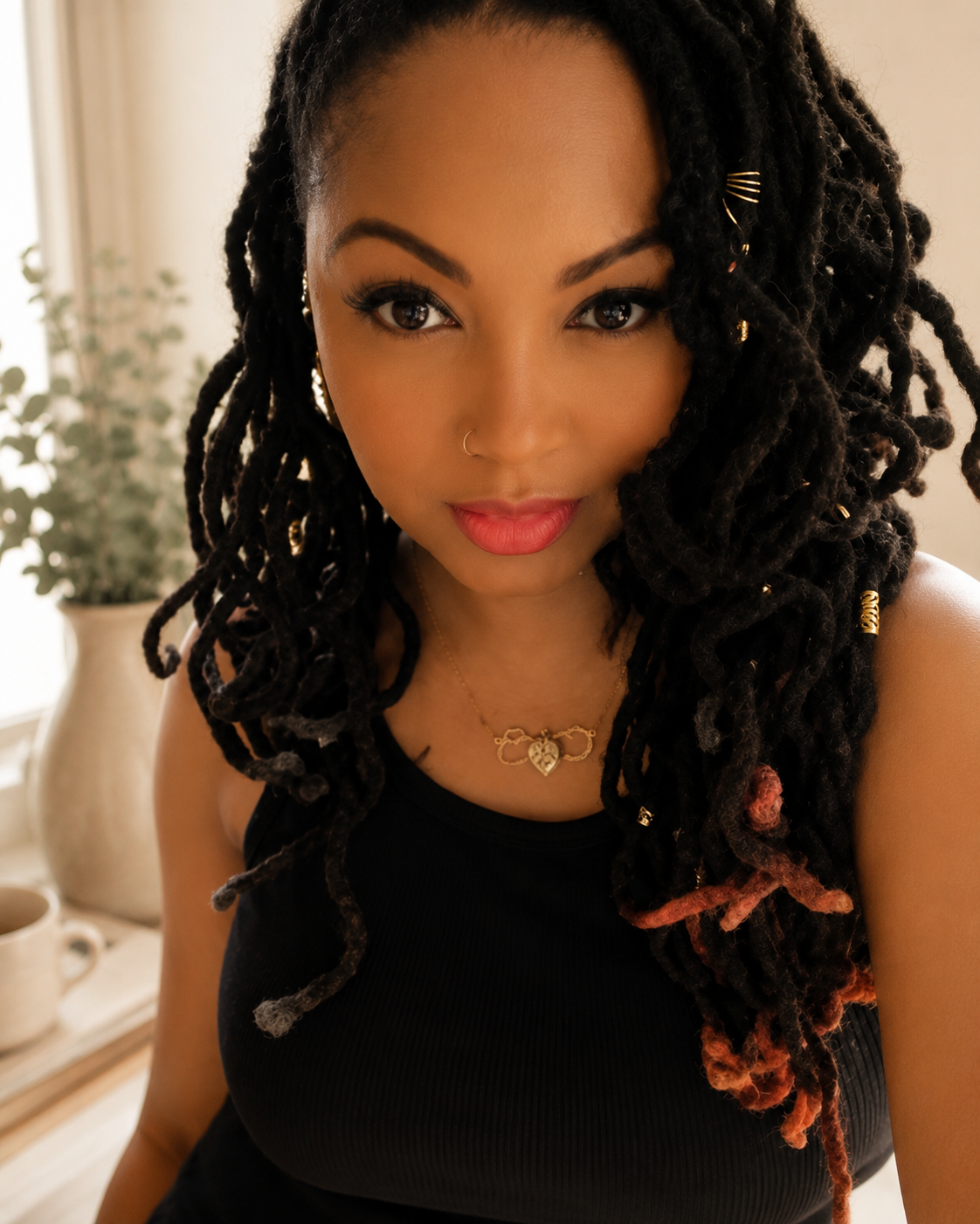 A close-up portrait of a woman with long black dreadlocks adorned with small gold beads and a copper-toned accent, wearing a black ribbed tank top and a delicate gold necklace in a brightly lit indoor setting.